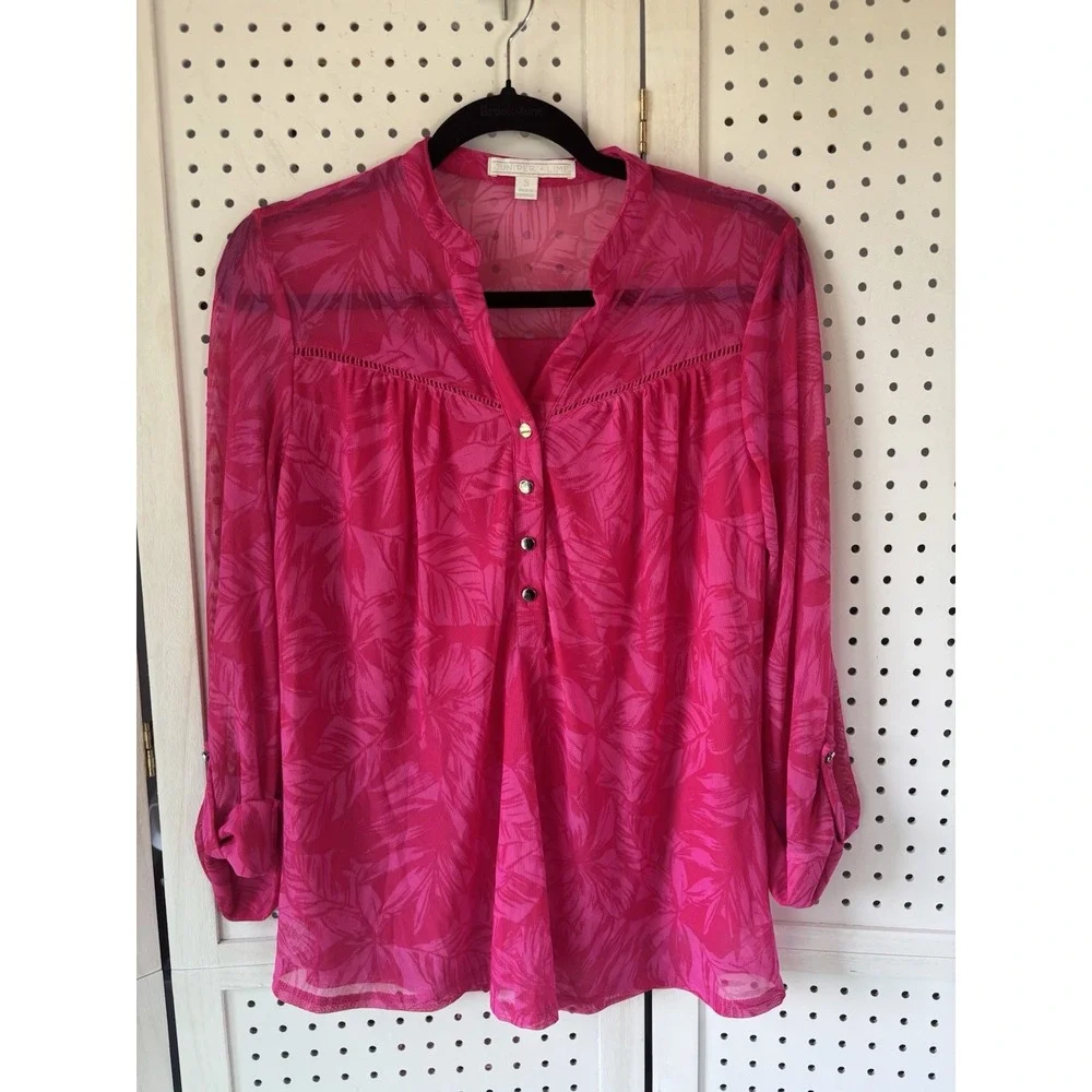 Juniper + Lime Sheer 3/4 SLV Floral‎ Hot Pink Vneck Button Blouse Small